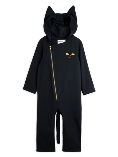 Mini Rodini Kids' Kitten-ear Hooded Playsuit In Black