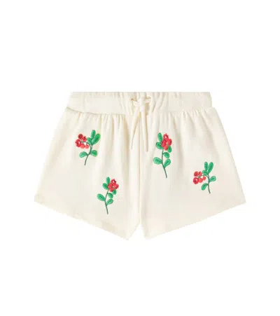 Mini Rodini Kids' Lingoberries Embroidered Cotton Shorts In Offwhite