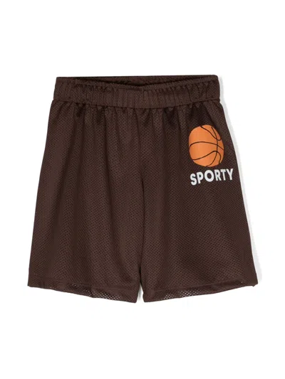 Mini Rodini Kids' Logo-print Mesh Track Shorts In Brown