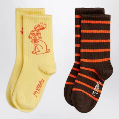 Mini Rodini Mini Rabbit Print Striped Organic Cotton Socks In Yellow
