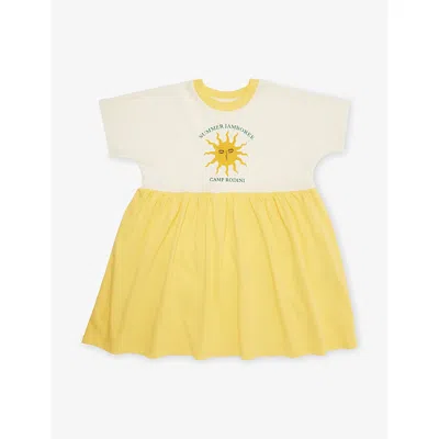 Mini Rodini Kids' Sun Pleated Cotton-jersey Dress 9 Months-9 Years Offwhit In Yellow
