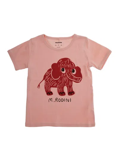 Mini Rodini Kids' Pink Crewneck T-shirt With Maxi Print On The Front In Cotton Girl