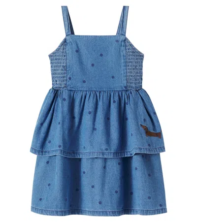 Mini Rodini Kids' Polka-dot Embroidered Denim Dress In Blue