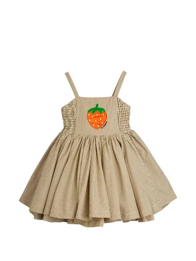 Mini Rodini Kids' Poplin Strawberry-patch Striped Dress In Neutrals