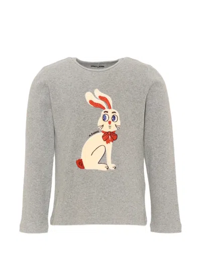 Mini Rodini Kids' Rabbit-appliqué Ribbed T-shirt In Gray