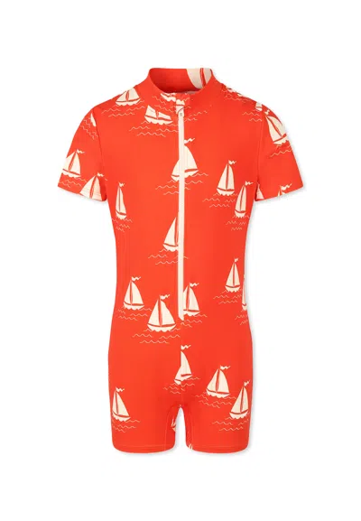 Mini Rodini Red Anti Uv Swimsuit For Kids With Sailboat
