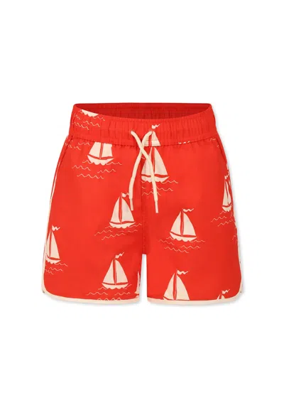 Mini Rodini Kids' Red Swim Shorts For Boy With Sailboat