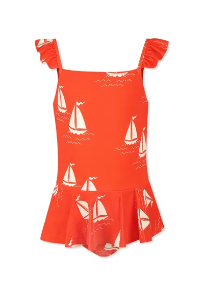 Mini Rodini Kids' Red Swimsuit For Girl With Sailboats