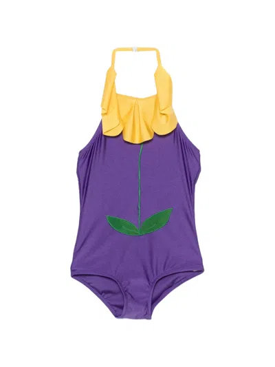 Mini Rodini Kids' Ruffled Flower Swimsuit In Purple
