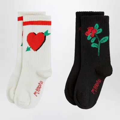 Mini Rodini Kids' Set Of Two Pairs Of Socks With Hearts, Arrows, And Red Blueberries In Multicolor