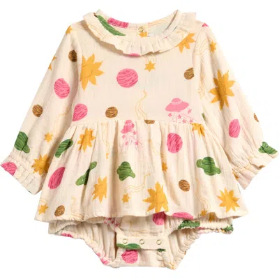 Mini Rodini Babies'  Space Long Sleeve Skirted Organic Cotton Muslin Bodysuit In Multi