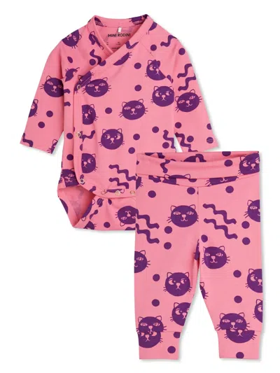 Mini Rodini Babies' Squiggly Cats Trousers Set In Pink