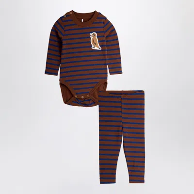 Mini Rodini Stripe Bird Patch Baby Set In Brown
