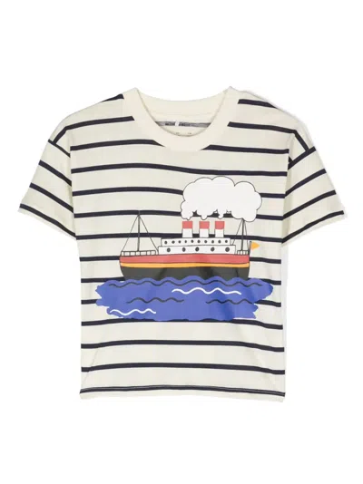 Mini Rodini Kids' Striped Graphic-print T-shirt In Blue