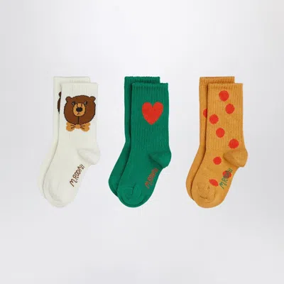 MINI RODINI THREE SOCKS WITH BEAR, HEART AND POLKA-DOT PATTERNS