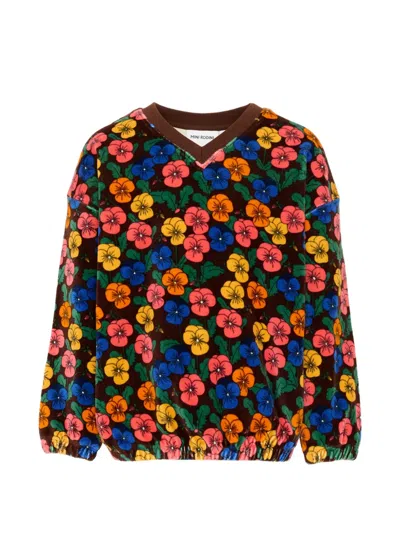 Mini Rodini Kids' Violas Floral-print Velour Sweatshirt In Brown