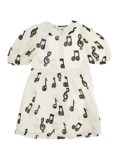Mini Rodini Kids' White Dress With All-over Printed Musical Notes In Cotton Girl