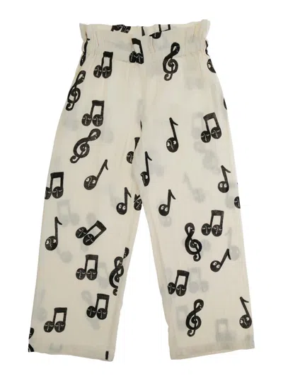 Mini Rodini Kids' White Pants With All-over Musical Notes Print In Cotton Boy In Neutral