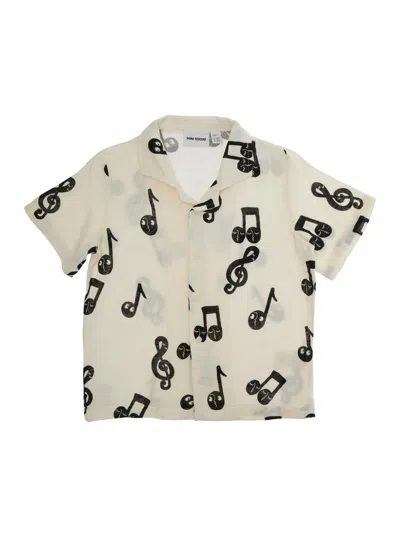Mini Rodini Kids' White Shirt With All-over Musical Notes Print In Cotton Boy In Neutral