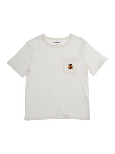 Mini Rodini Kids' White T-shirt With Front Pocket And Ladybug Embroidery In Cotton Boy