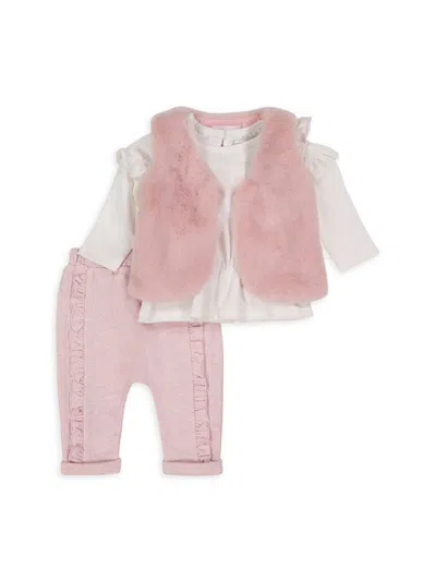 Miniclasix Baby Girl's Faux Fur Vest, Long Sleeve T Shirt & Knit Pants Set In Pink