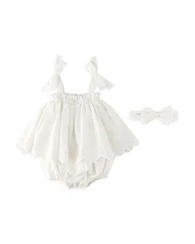 Miniclasix Baby Girls' Cotton Embroidered Eyelet Bow Headband & Romper Set - Baby In Ivory