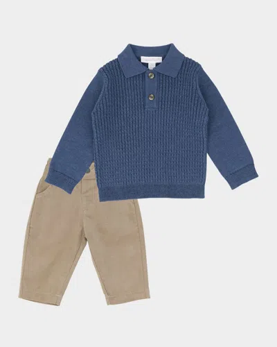 Miniclasix Kids' Boy's Cable Knit Polo Sweater W/ Pants Set