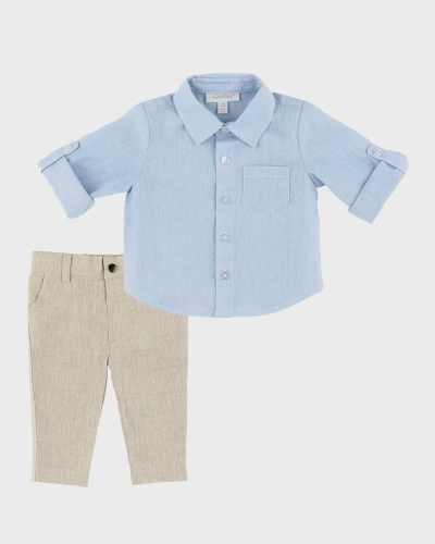 Miniclasix Kids' Boy's Linen Shirt And Pants Set In Blue