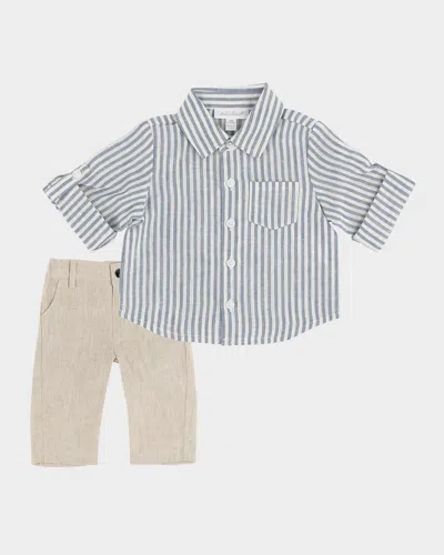 Miniclasix Kids' Boy's Striped Linen Top & Pants In Blue