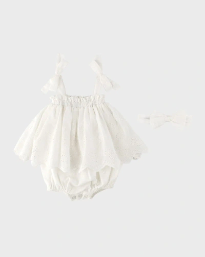 Miniclasix Kids' Girl's Broderie Anglaise Romper Dress And Headband Set In Ivory
