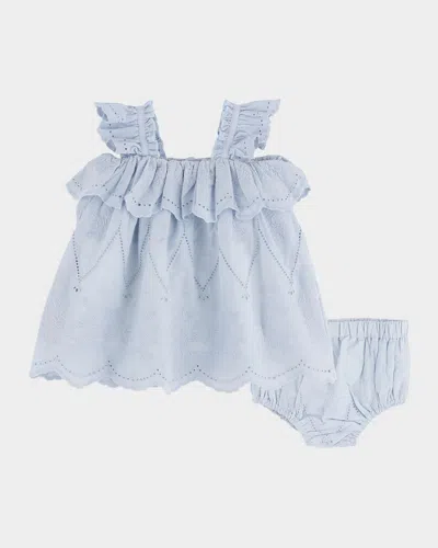 Miniclasix Kids' Girl's Embroidered Eyelet Dress W/ Bloomers In Blue