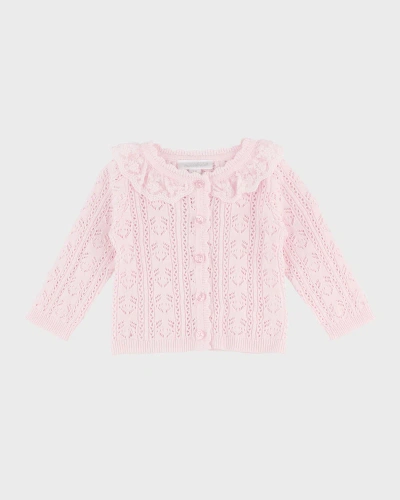 Miniclasix Kids' Girl's Lace Collar Pointelle Sweater Cardigan In Pink