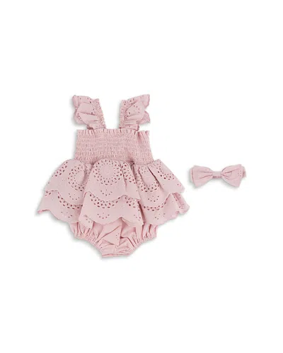 Miniclasix Girls' Eyelet Romper & Headwrap Set - Baby In Pink