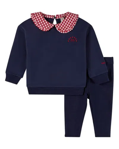 Minimoi Kids'  2 Piece Ruffled-gingham-collared Sweatshirt And Sweatpants Set In Navy-red