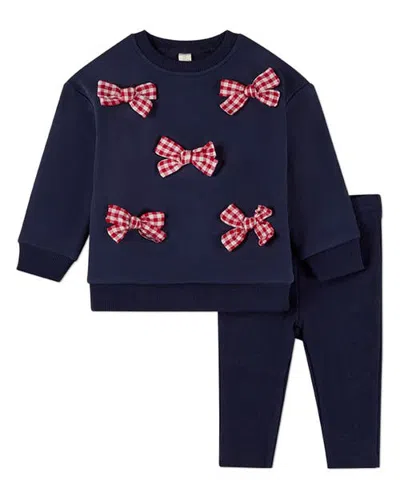 Minimoi Kids'  2 Piece The Gingham Bow Sweatshirt And Pants Set In Navy-red