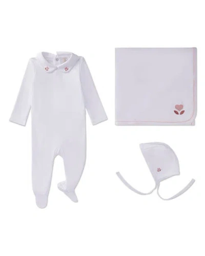 Minimoi Kids'  3 Piece Baby Girls Cotton Footie Set With Peter Pan Collar And Embroidered Hearts In White