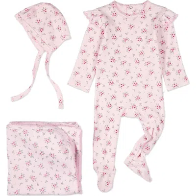 Minimoi Babies'  3 Piece Mini-ribbed Cotton Rich Ruffled-sleeve Floral Footie Set In Pink