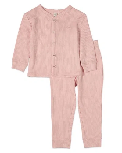 Minimoi Babies'  Cotton Ribbed Color Button-down Pajama Set In Pink