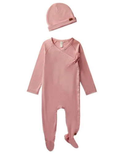 Minimoi Kids'  Crossover V-neck Modal-blend Footie And Beanie In Pink