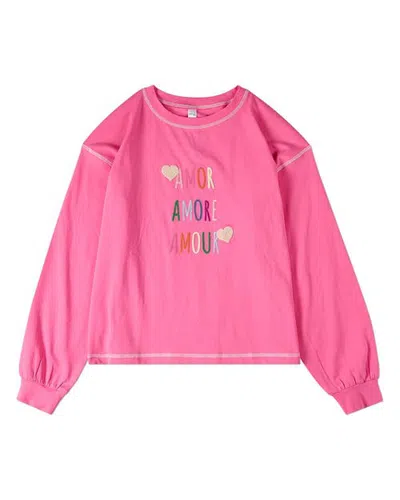 Minimoi Kid's Amor, Amore, Amour Long-sleeve (big Kid) In Pink