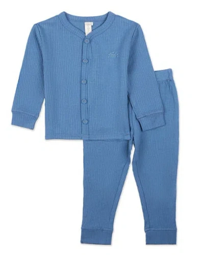 Minimoi Babies'  Kid's Ribbed Color Button-down Pajama Set In Blue