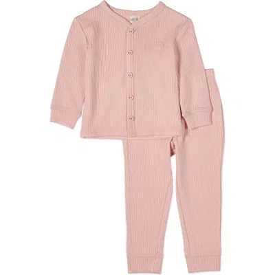 Minimoi Kid's Ribbed Color Button-down Pajama Set In Pink