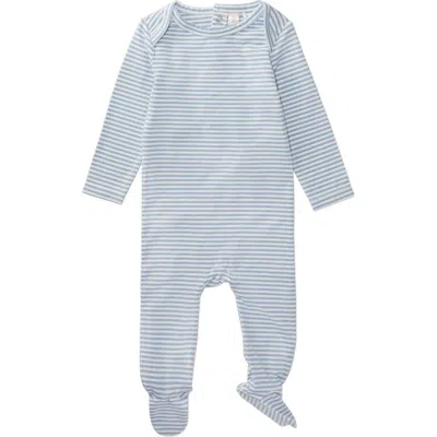 Minimoi Kid's Striped Cotton/modal Shoulder-flap Footie In Blue