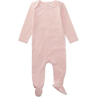 Minimoi Kid's Striped Cotton/modal Shoulder-flap Footie In Pink