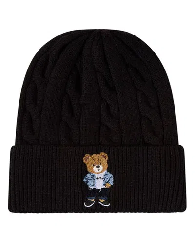 Minimoi Kids' Cool Teddy Cable-knit Cuffed Embroidered Beanie (little Kid & Big Kid) In Black