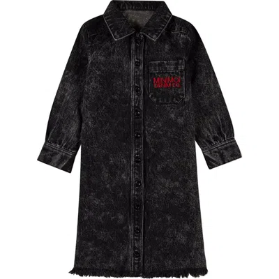 Minimoi Kids Denim Shirt-collared Button-down Knee-length Dress In Black Wash