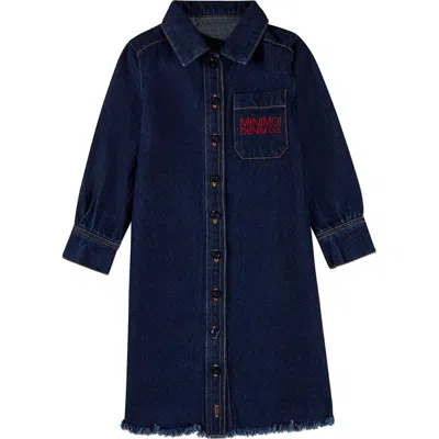 Minimoi Kids Denim Shirt-collared Button-down Knee-length Dress In Dark Blue
