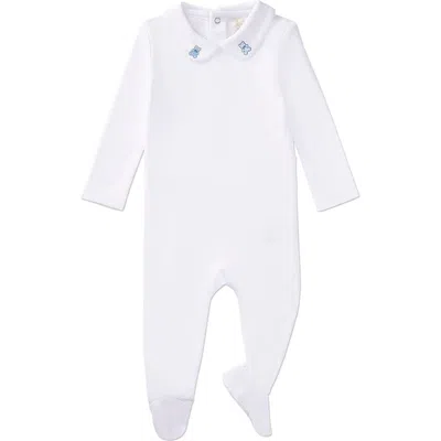 Minimoi Kids'  Peter Pan Collar Footie With Teddy Bear Embroidery In Blue