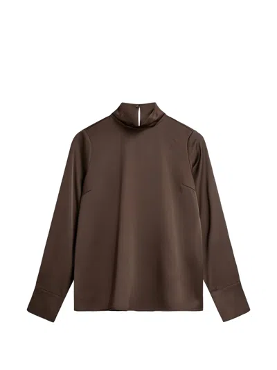 Minimum High-neck Satin-finish Blouse In Brown