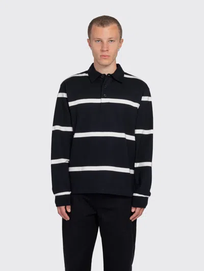 Minimum Tate Relaxed Stripe Long Sleeve Polo In Black